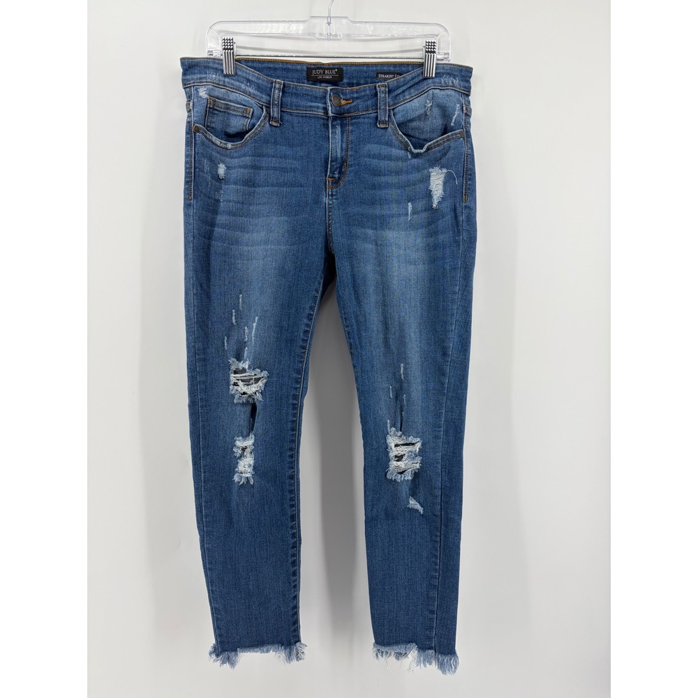 Judy Blue Straight Fit Distressed Frayed Hem Jeans Blue JB82105MD Womens 13/31